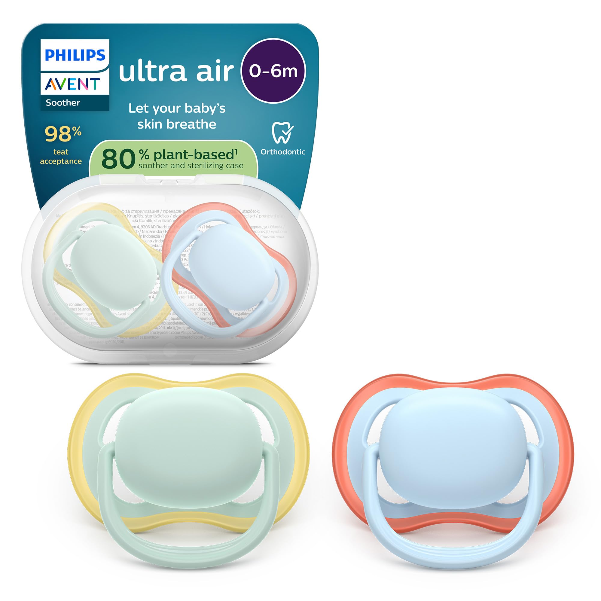 Philips Avent Ultra Start Ciuccio - Design ortodontico, per neonati 0-6 mesi, tettarella simmetrica in morbido silicone, senza BPA, con custodia per la sterilizzazione, confezione da 2, SCF087/01