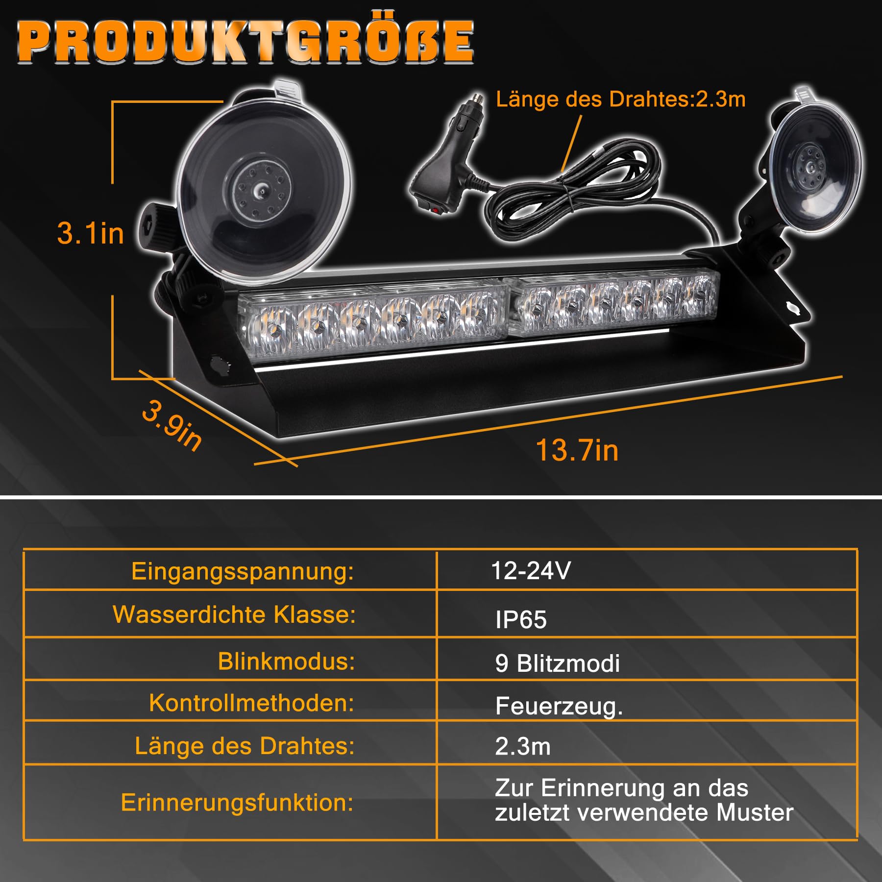 Frontblitzer Warnleuchte 12 LED - 35.6cm 9 Blinkmodi Blitzleuchte, 2 Saugnäpfe Hohe Intensität 12/24V Blinkende Windschutzscheibe Lampe Stroboskopstange für Auto (Gelb)