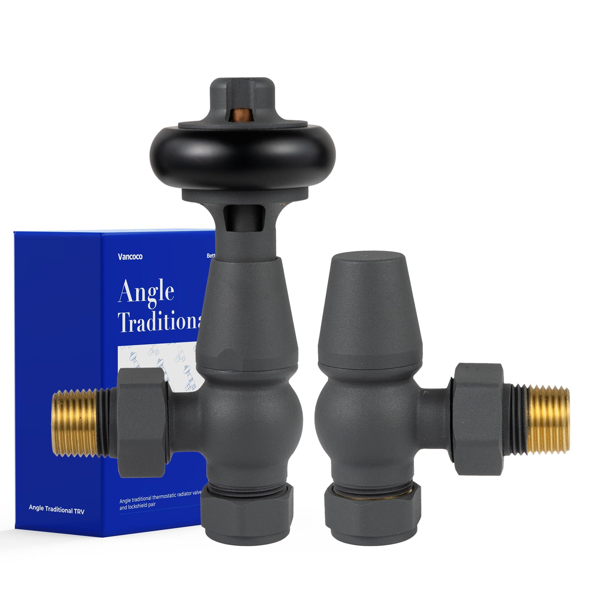 VANCOCO Traditional Matte Grey Angled Radiator Valve & Lockshield 1/2"×15mm, Thermostatic TRV Pair for Cast Iron or Modern Radiators with Solid Wood Handwheel — image 1
