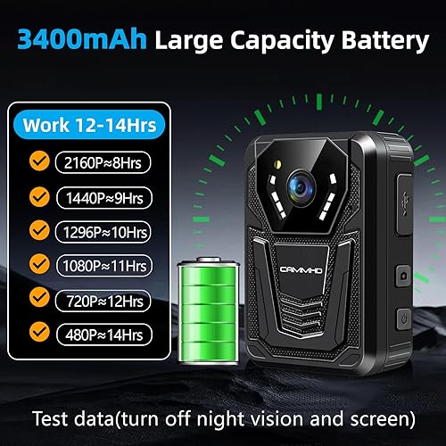 Miniatura 3 de CAMMHD Cámara Corporal F6 de 512GB 4K, Funciona 12-14 Horas y Visión Nocturna Ultra, Cámaras Corporales Impermeables con Grabación de Audio y Video