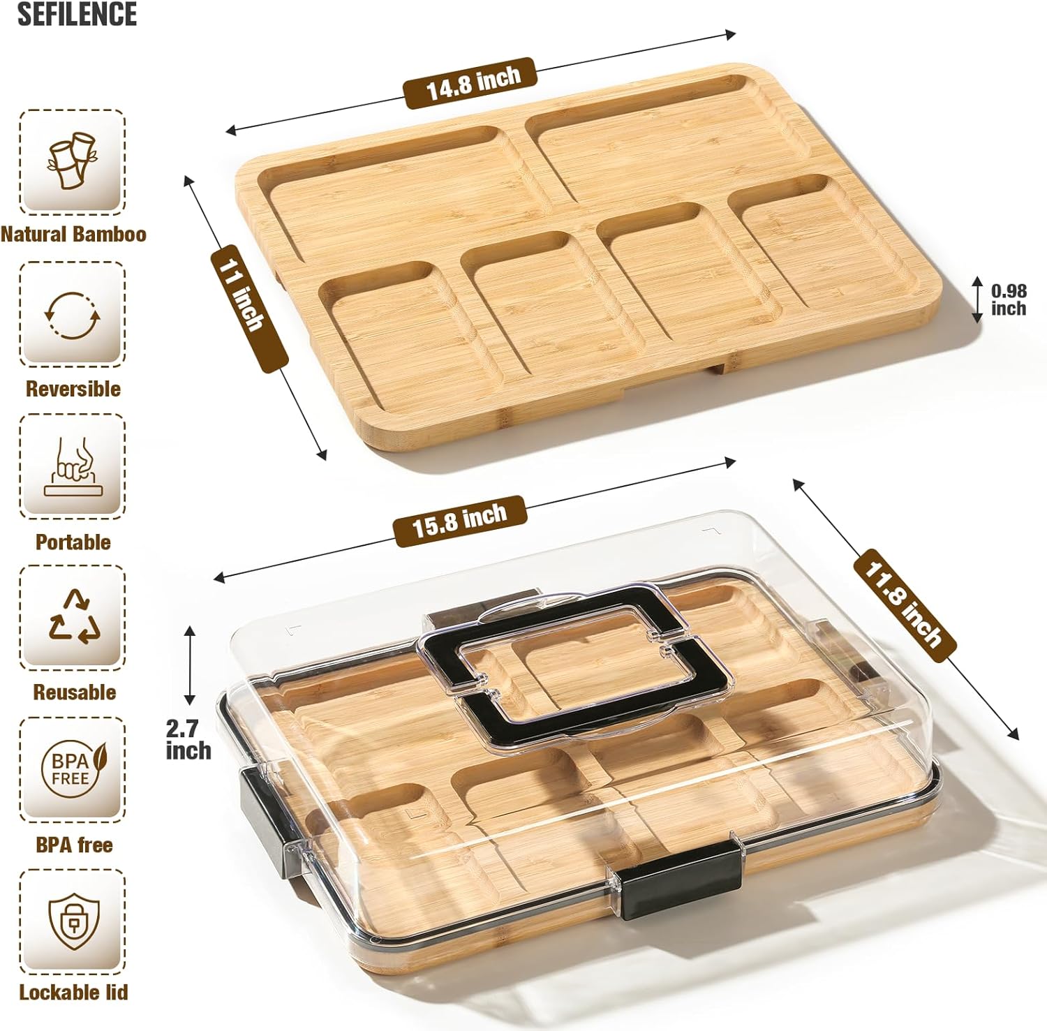 Bamboo Charcuterie Board Whit Lid, Portable CheeseBoard for Serving Tray with 6 Compartments, Build-A-Board Bamboo Cutting Board for Entertaining, Party, Wedding, Birthday, House-Warming Gift - Image 2