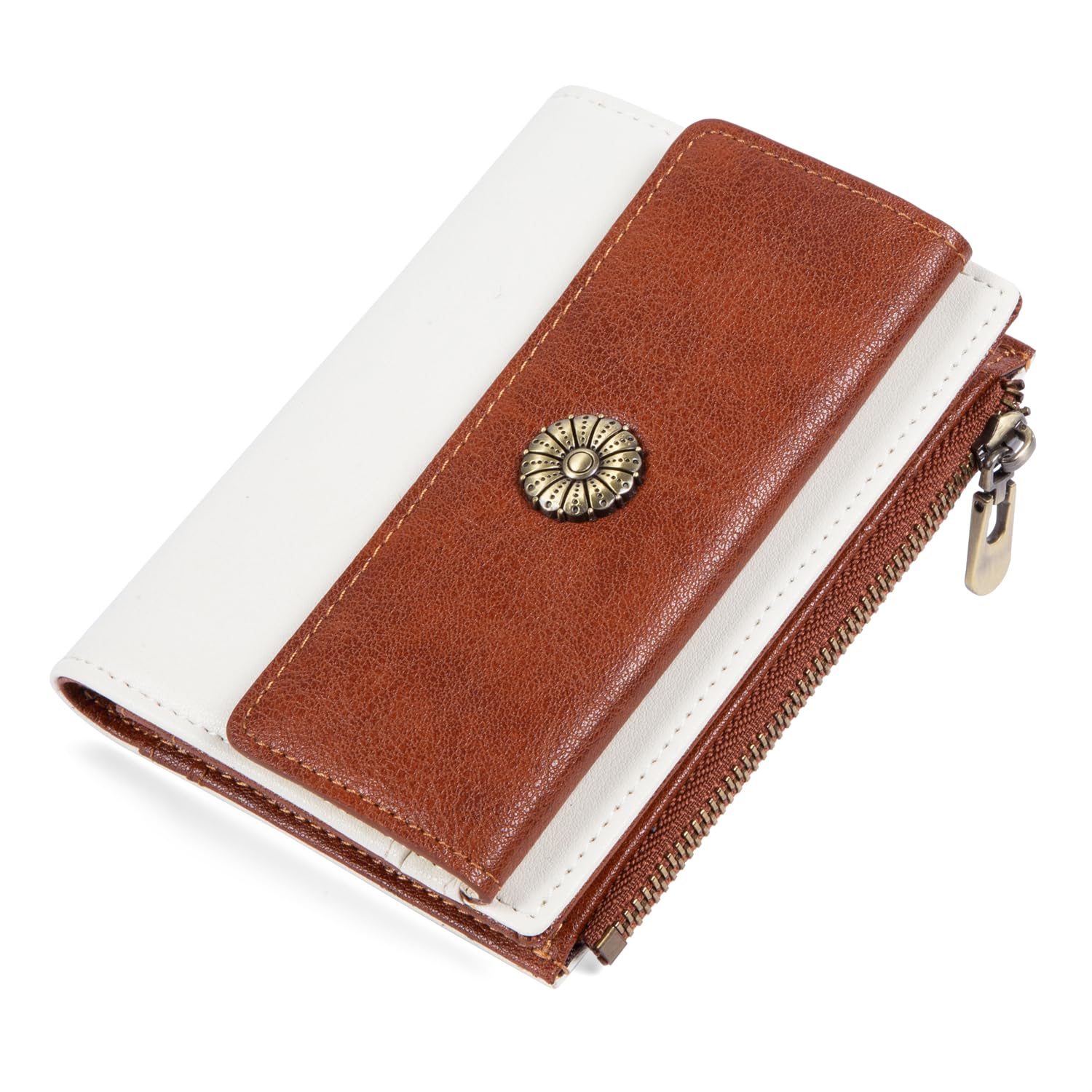 VEESKYEE Small Wallet Women RFID Blocking Soft Leather Bifold Compact Card Holder Wallet for Women with Zipper Coin Pocket Beige Brown