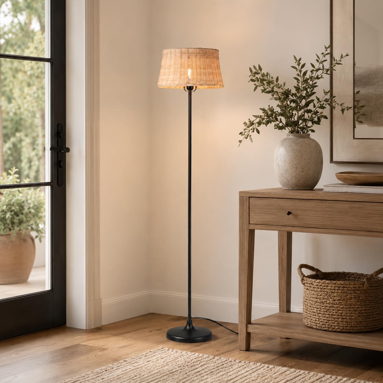 Alpinaluz Lampa Podłogowa E27 Klosz Bambus Wiklina Czarna Podstawa 147 cm | Ręcznie pleciony klosz Ø28 cm i czarna metalowa podstawa, styl nordycki boho do salonu, sypialni, sofy i czytania