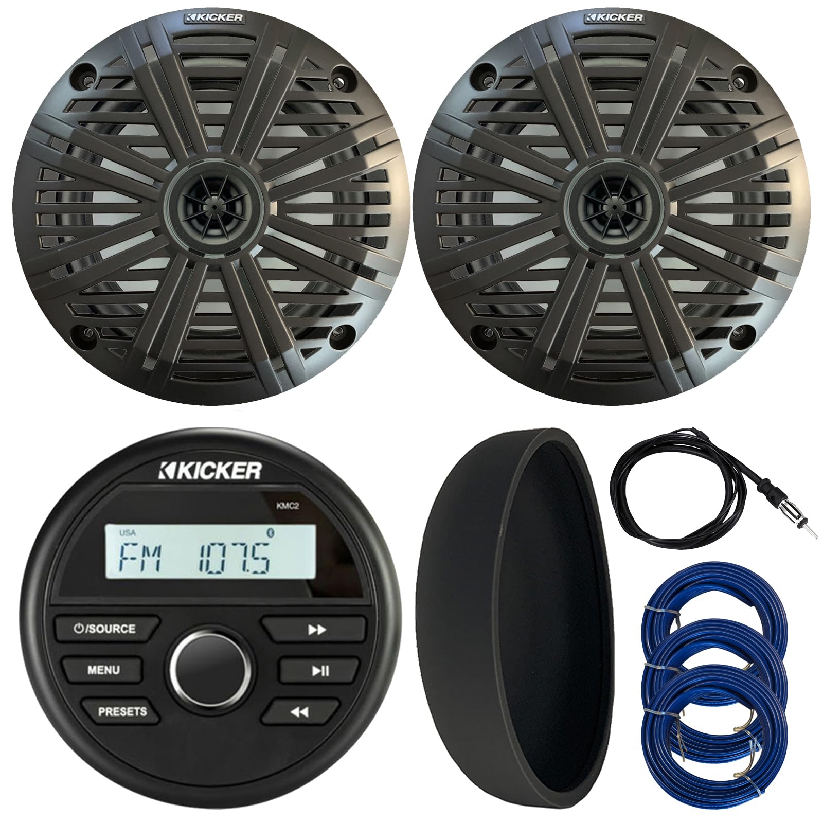 Kicker 46KMC2 Marine Bluetooth All-Weather AM/FM USB/AUX Gauge Style Media Center Receiver W/Black Cover, 2X 6.5 195 Watt Max Power Coaxial Speakers W/Grilles, Radio Antenna, 3X 20 Feet Speaker Wire