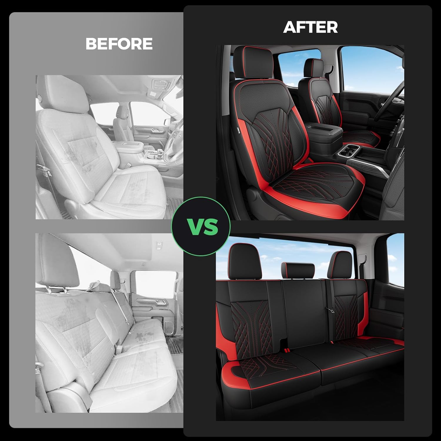 for Chevy Silverado GMC Sierra Waterproof Seat Covers, Crew Cab 1500 2019-2026, 2500HD 3500 HD 2020-2026, Pickup Protectors Accessories Full Set, Black Red