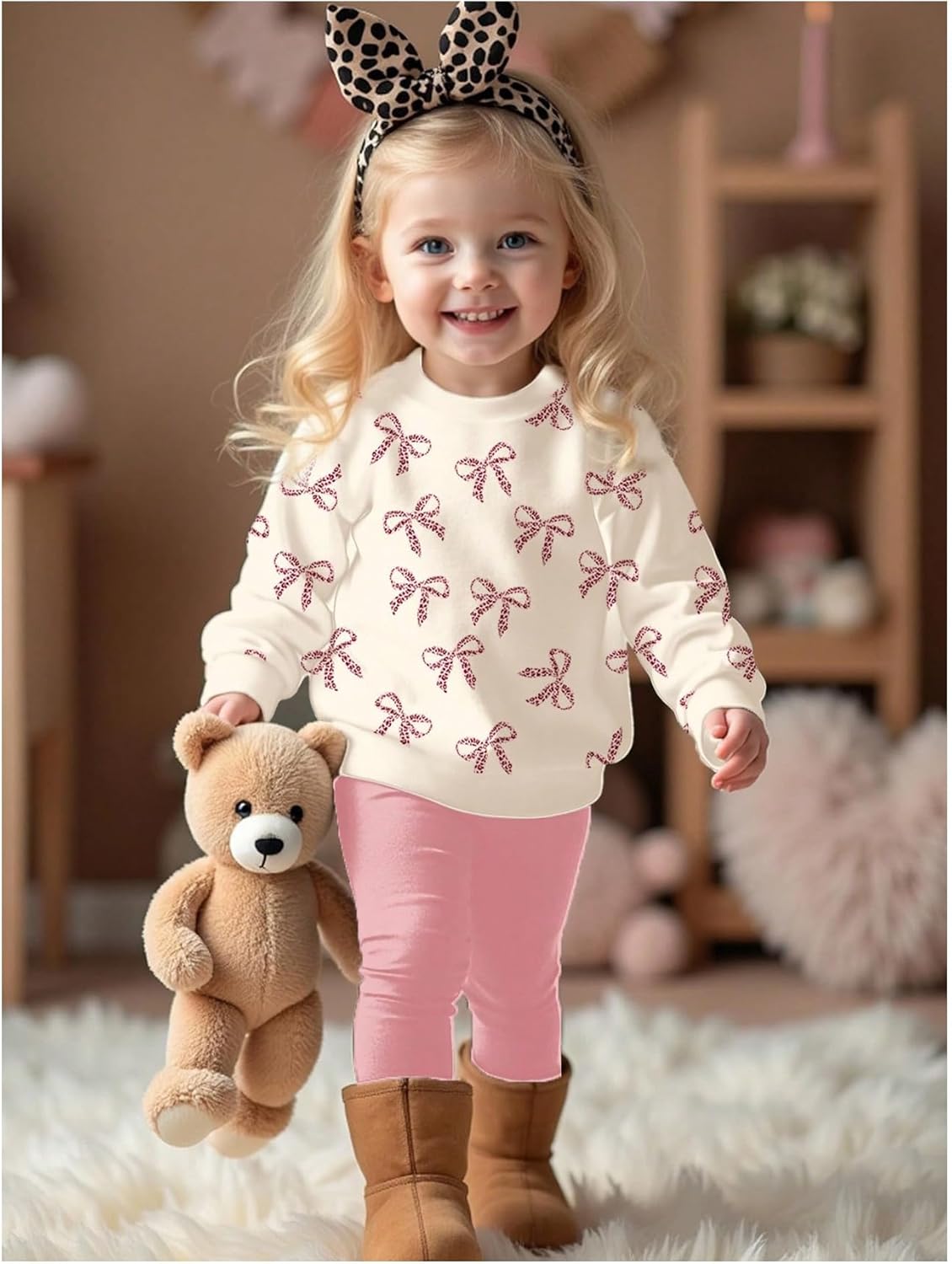 SOLY HUX Toddler Girl's Fall Clothes Cute Bow Graphic Crewneck Sweatshirt and Leggings 2 Piece Outfits - Image 5