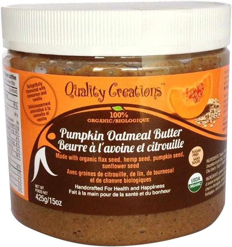 SUGAR FREE Pumpkin Oatmeal Butter - 100% Organic. Very Spreadable and So Creamy. Made with Pumpkin Seed, GF Oats, Flax Seed, Hemp Seed and Sunflower Seed. 425g/15oz