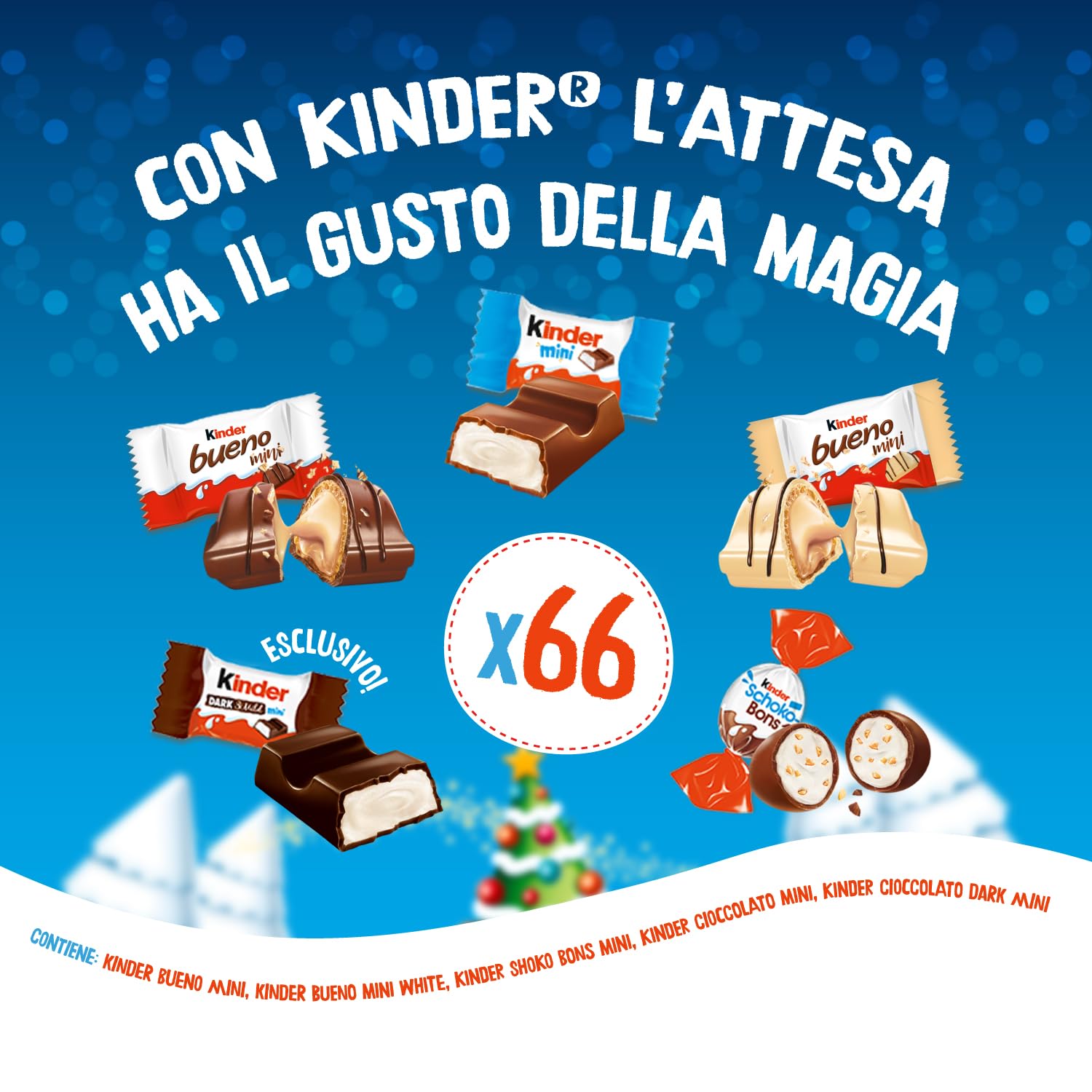 Kinder Happy Moments Pacco Regalo - 66 Cioccolatini Assortiti Kinder, Mix di Snack Dolci in Formato Mini, Idea Regalo Natale, Confezione Natalizia da 382 gr