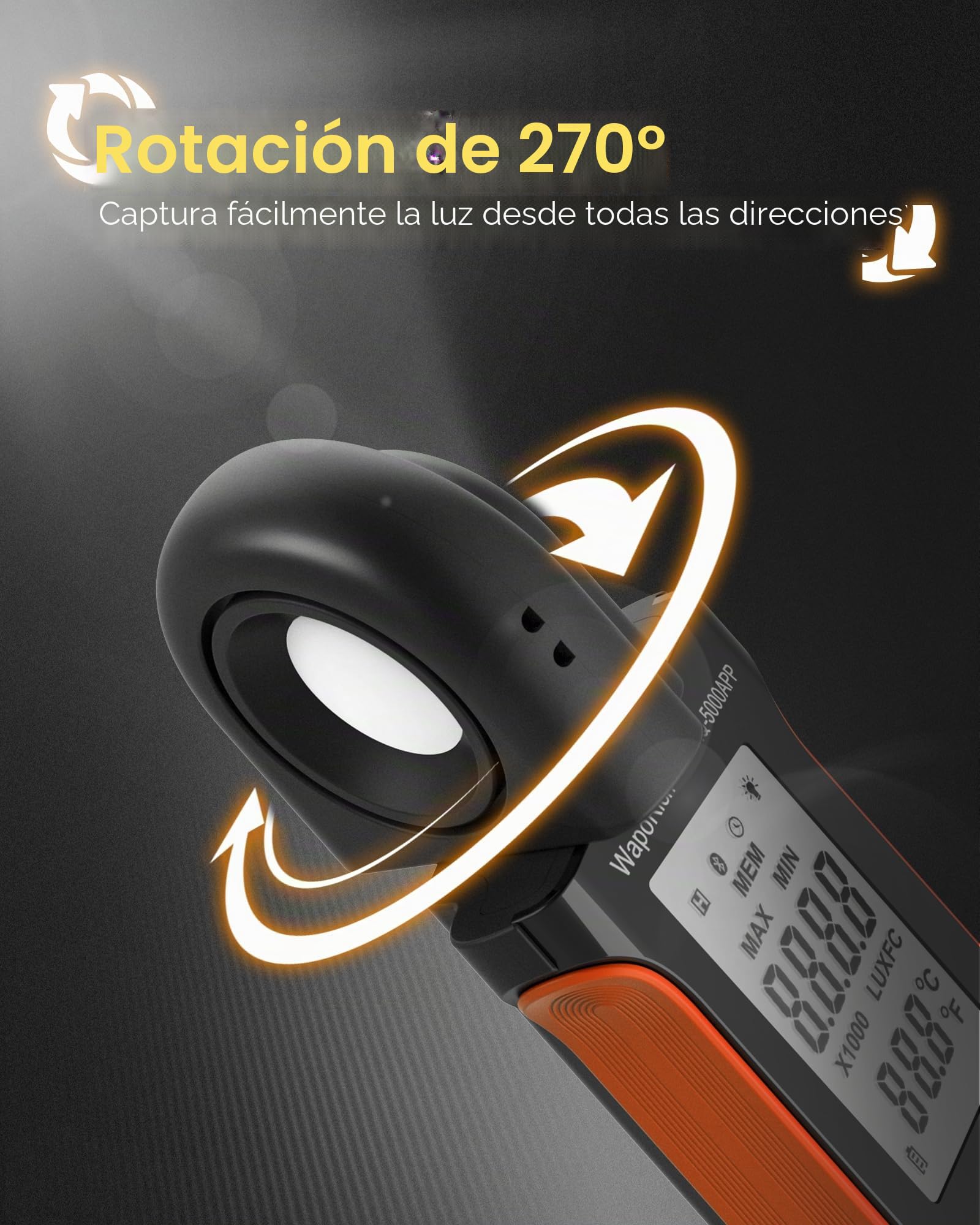 Luxometro Bluetooth Medidor de Iluminacion, WapoRich Medidor de Luz Digital 1~400.000 lux (1~40.000 FC) Luxómetro Portátil con Sensor Giratorio de 270º y Temp Ambiente (℃/℉) para Plantas RQ-5000APP