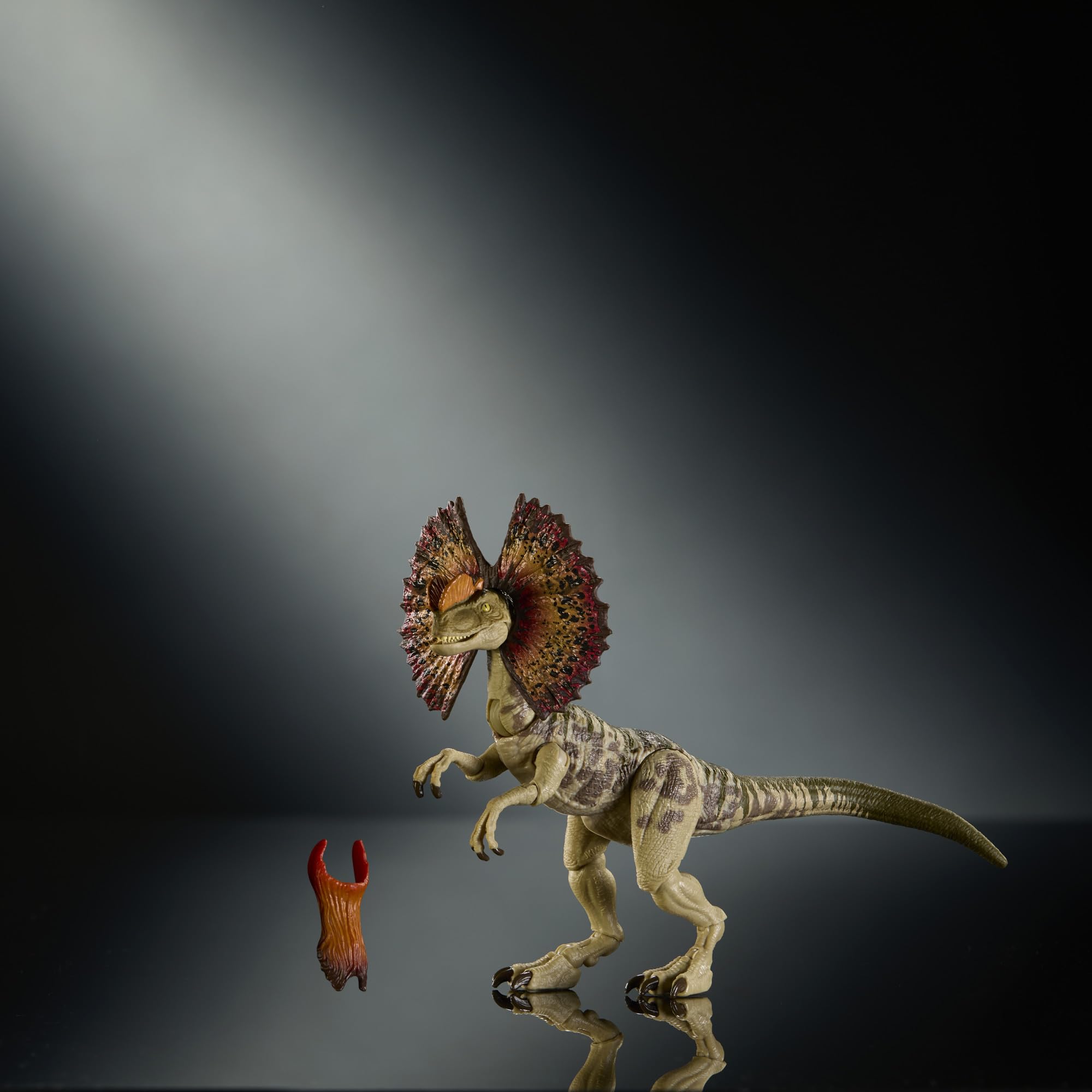 Mattel Jurassic World Colección Hammond Dilofosaurio Figura de acción de Dinosaurio. Diseño de Primera Calidad con Ojos realistas, articulaciones y Cabeza Adicional, JKM93
