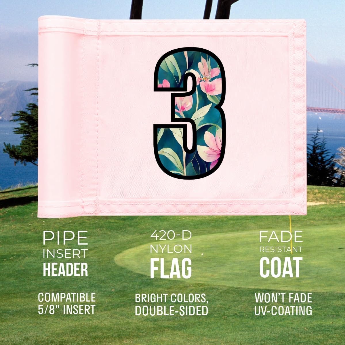 Golf Flag 8x6 Inch – 420D Nylon Double-Sided Mini Pin Flag with Tube Inset, Practice Putting Green Flags for Yard (Numbered Pink - Set of 3)