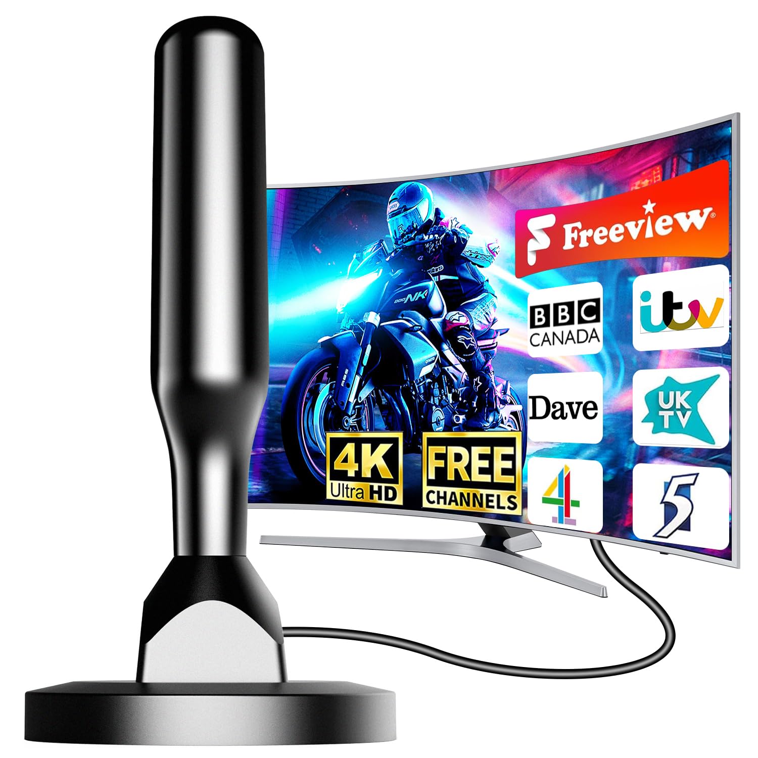 Antenne TV Intérieure Puissante – Antenne TNT HD 4K Longue Portée, Réception 360° Stable et Fluide, Antenne TV Numérique Compatible DVB-T/T2 avec Câble Coaxial 5 m (K-FR-AH75-02-260521)