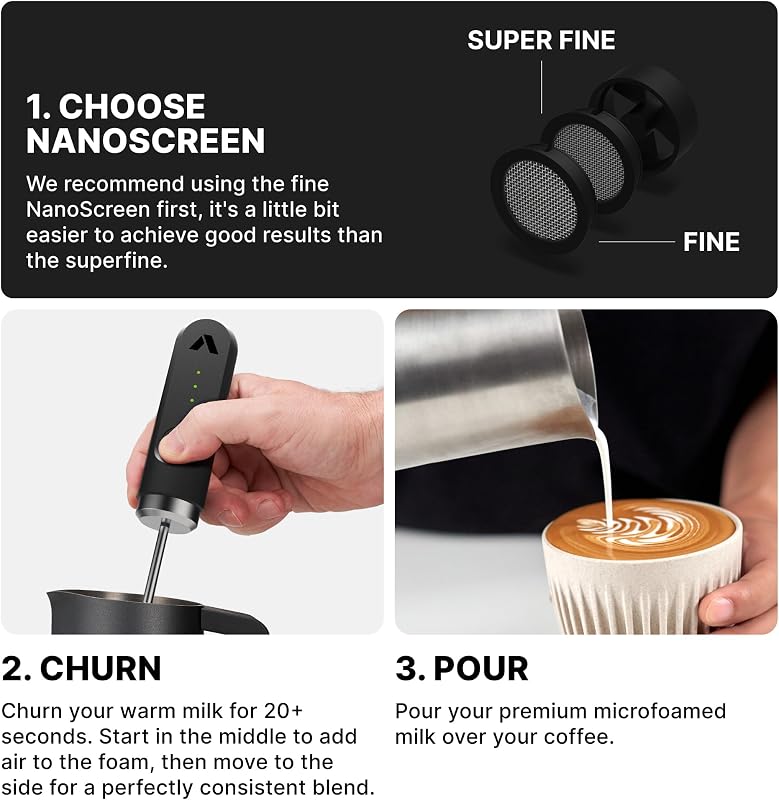 Subminimal NanoFoamer V2 Kézi Tejhabosító | Mikro-habosított Tej Barista Minőségű Kávéitalokhoz | Elemes Tejhabosító Cappuccino, Latte és Fo