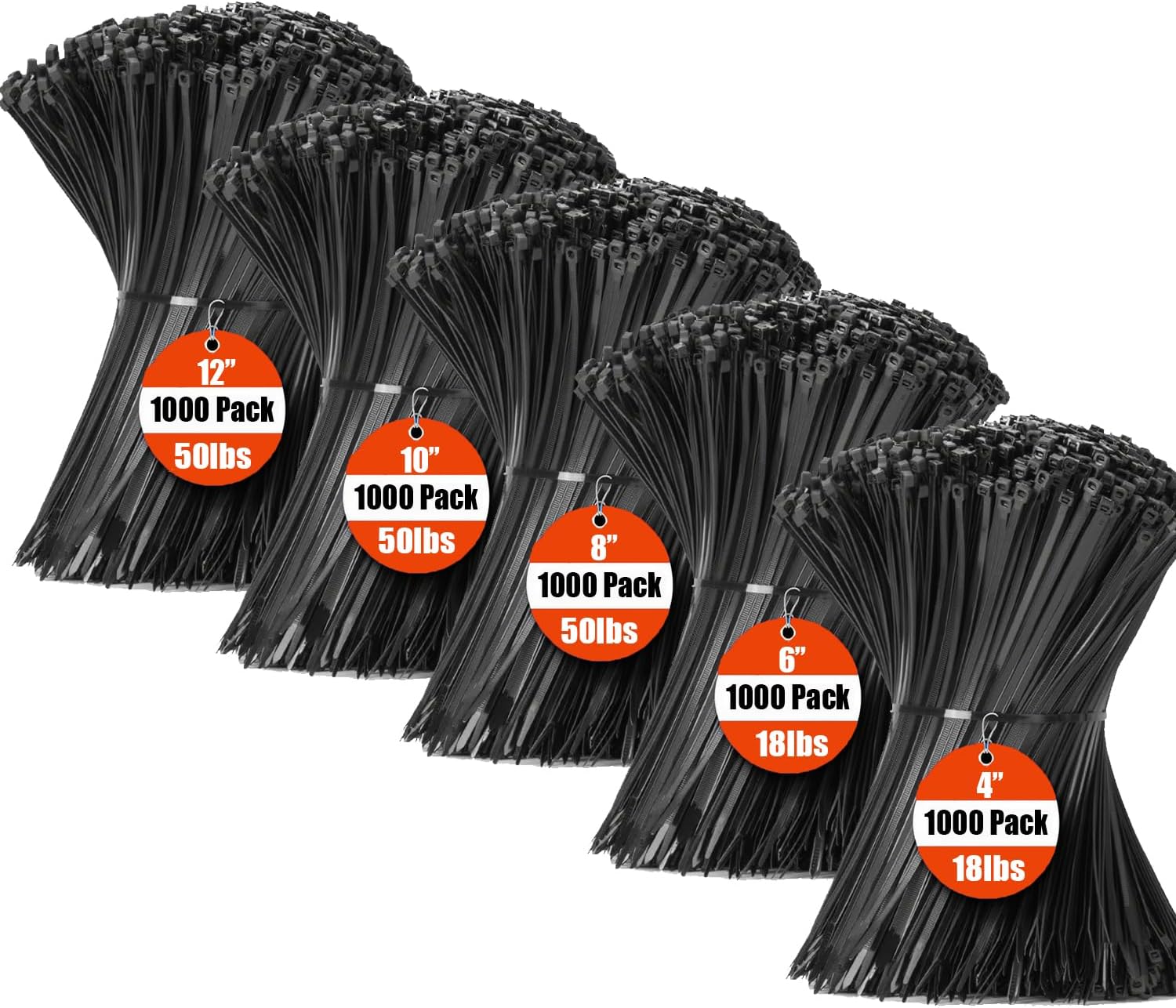 XINGO Black Zip Ties Assorted Size 5000 Pack, 4+6+8+10+12 Inch, Self-Locking UV Resistant Nylon Cable T iesPerfect for Home, Office, Garden and Workshop