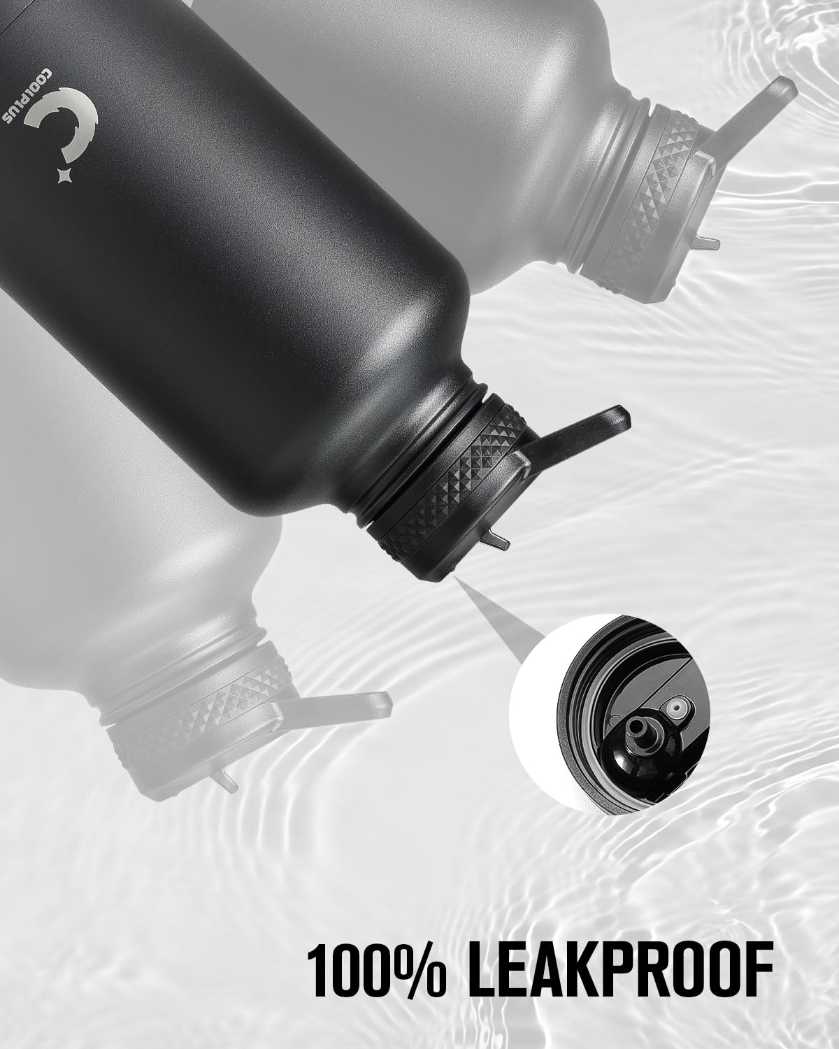 Coolplus Isolierflasche aus Edelstahl mit Strohhalm, doppelwandig, Vakuumflasche, mit Tragetasche, auslaufsicher, hält 48 Stunden kalt 24 Stunden heiß, Schwarz