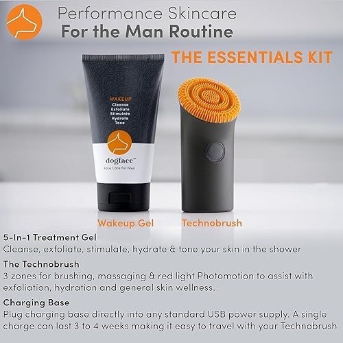 Miniatura 2 de Dogface Essentials Kit Plus Technobrush & Wakeup Gel Cleanser - Cepillo facial eléctrico de luz roja para hombre, con cerdas de silicona para
