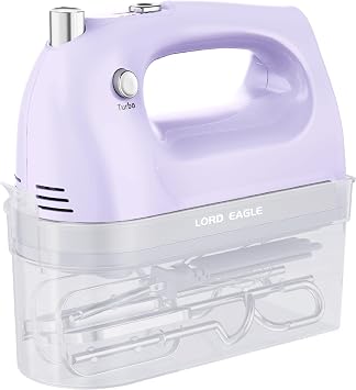Lord Eagle Hand Mixer Electric Whisk, 400W Power Handheld Mixer for Baking Cake Egg Cream Food Beater, Turbo Boost/Self-Control Speed + 5 Speed + Eject Button + 5 Accessories, Purple