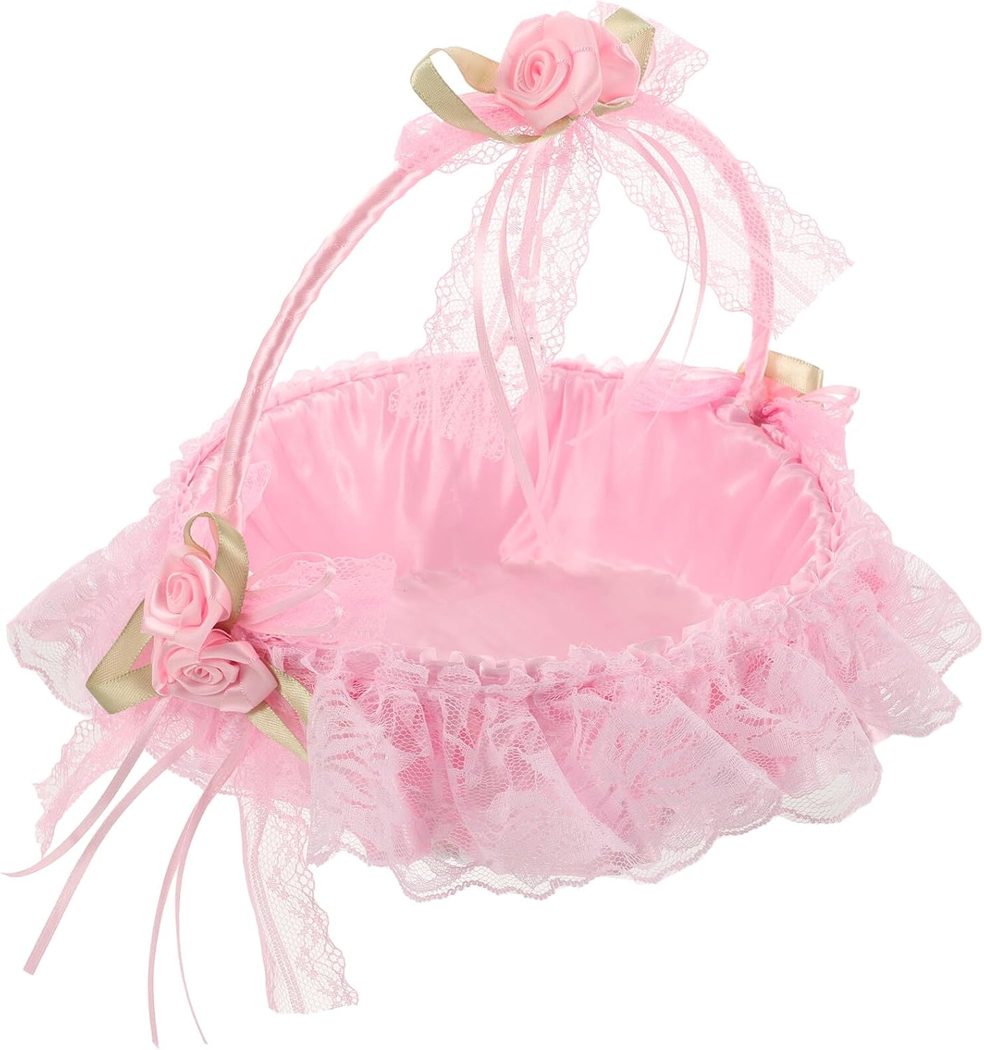 Sosoport Flower Girl Basket with Handle Small Pink Lace Wedding Basket Handheld Flower Petal Container for Wedding Ceremony