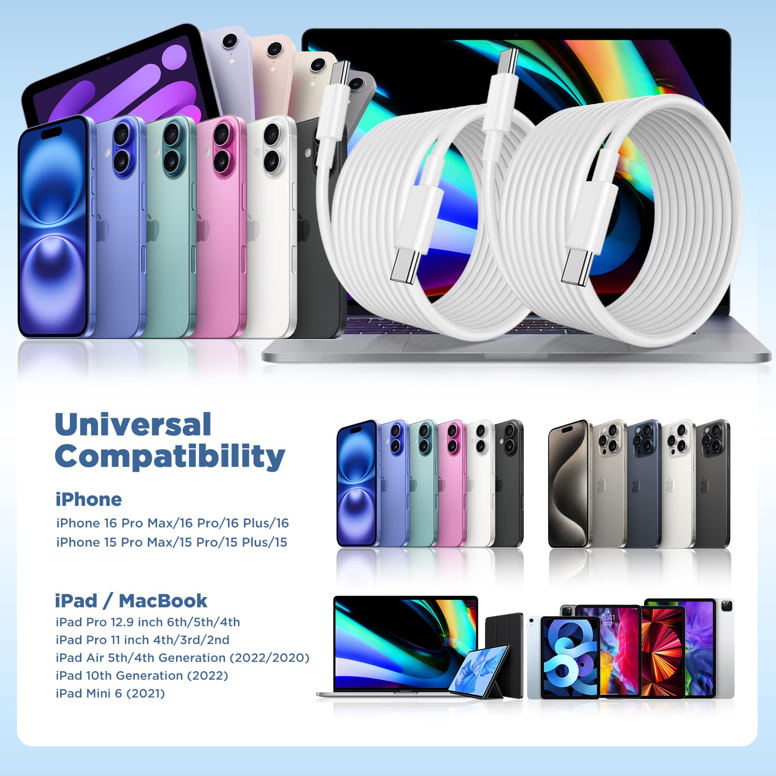 Cable largo USB C a USB C de 15 pies para iPhone 16 15 Pro Max, 60 W de carga rápida tipo C a tipo C para iPhone 16 15/16 15 Plus/16 15 Pro, iPad Pro/Mini/Air, MacBook, Galaxy S25 Ultra S24-blanco