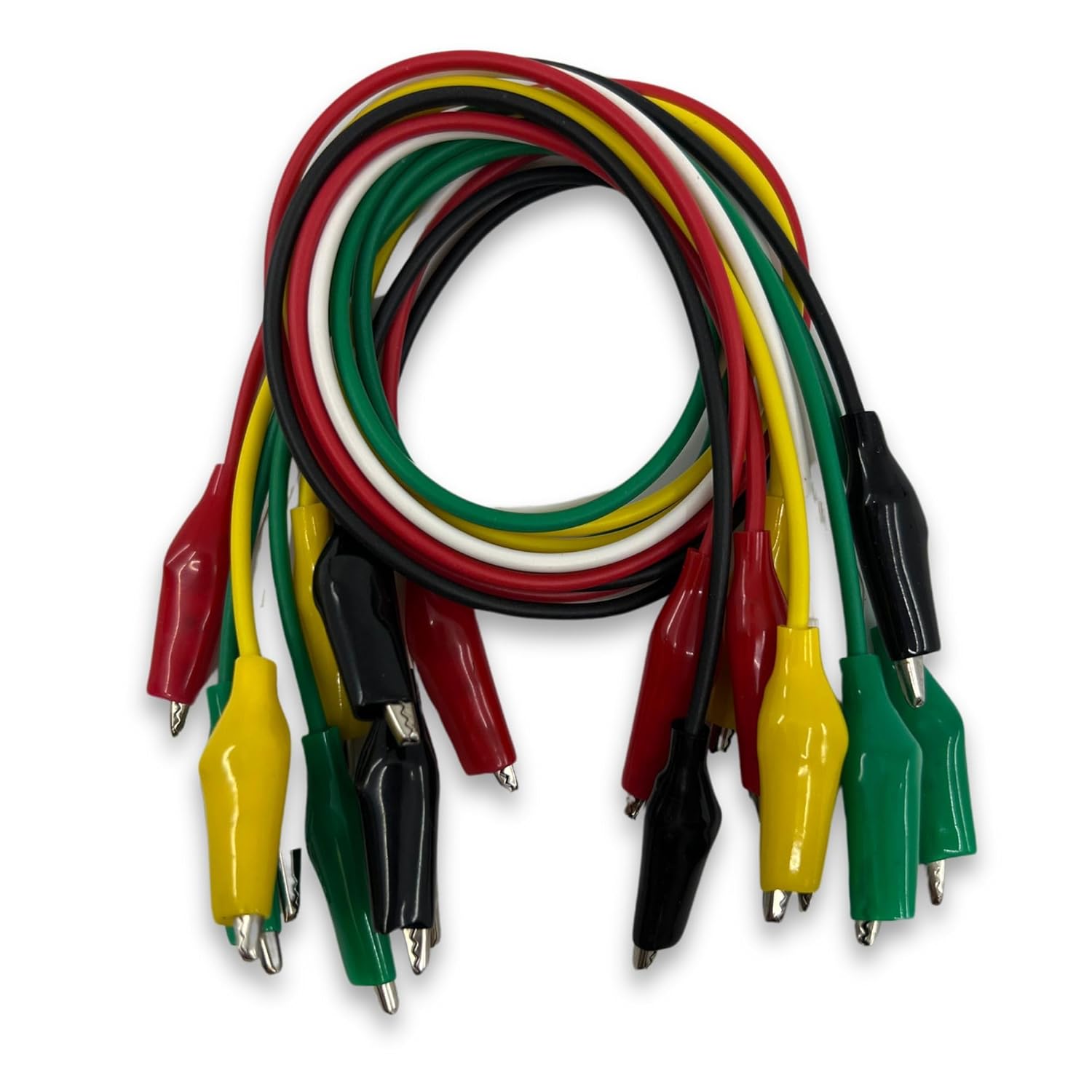 Eisco Labs - Crocodile Lead Set, Pack of 10-17 Inch Wires with Crocodile Clips, 2 Each of 5 Colors -White, Red, Green, Black, Yellow - Electrical Testing Leads with Insulated Clips for Experiments