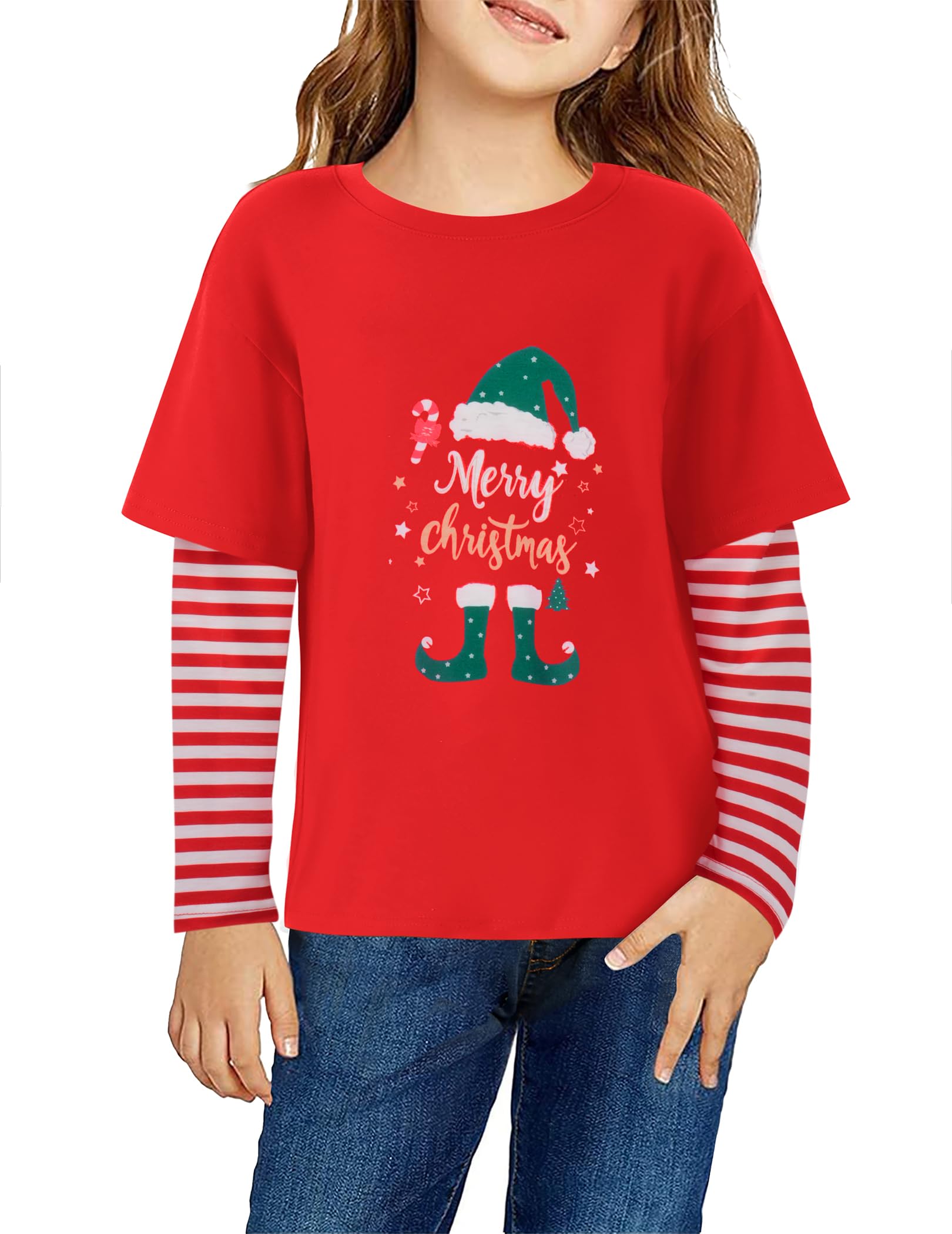 Arshiner Girls Christmas Halloween Long Sleeve Shirts Graphic Stripe Plaid Patchwork Top Tee