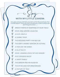 Blue Bow Bridal Shower Games for 30 Guests - I Spy With My Little Camera, Wedding Games Cards for Bride Groom, Engagement Bridal Shower Party Activities for Reception -blueyx001