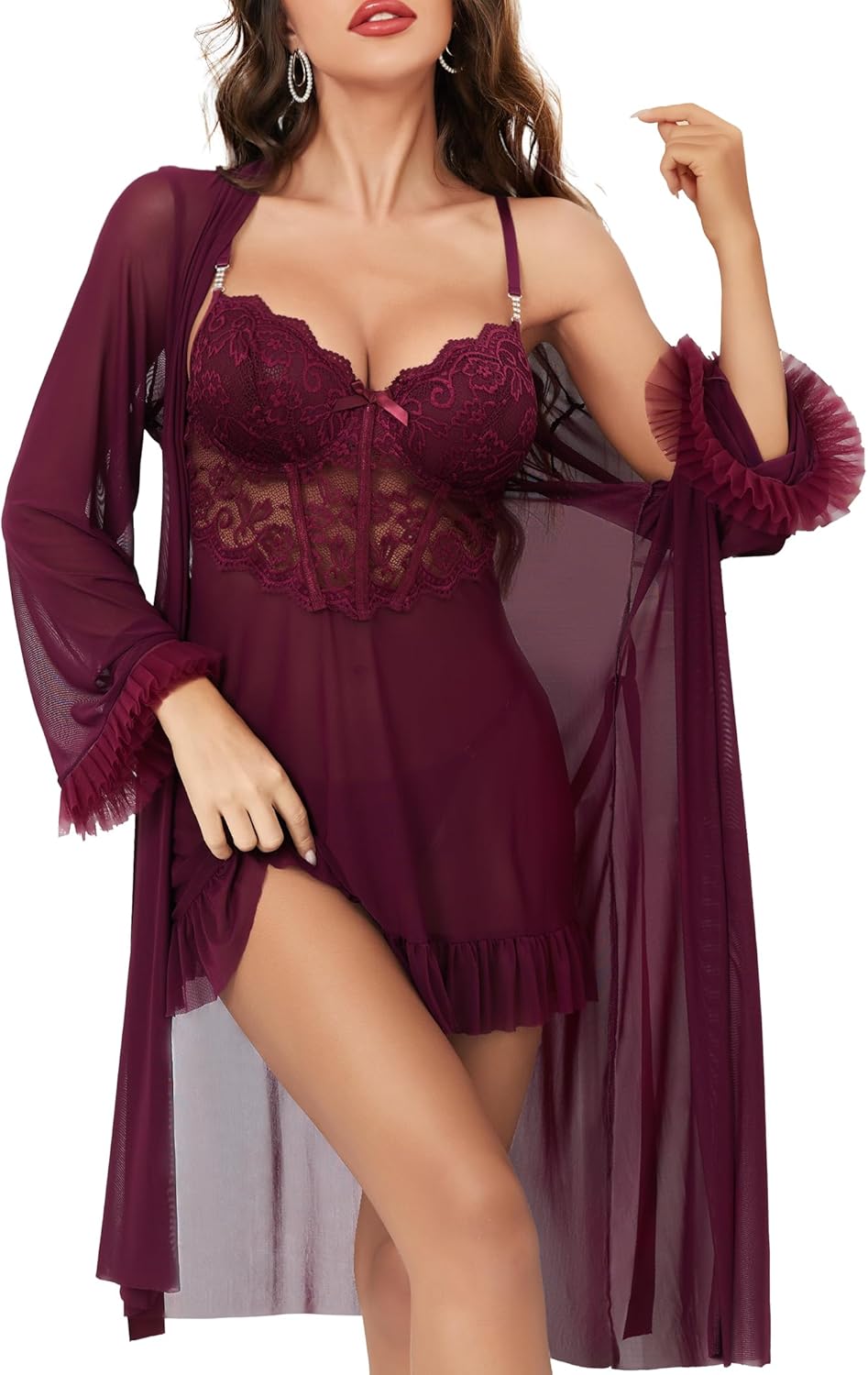Tidouk Women Sexy Lingerie Set, 3 Piece Babydoll with Mesh Kimono Robe & Lace Panty, Lace Trim Teddy Chemise Nightwear