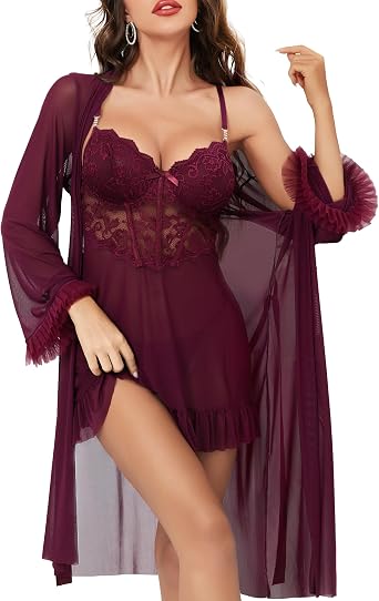 Women Sexy Lingerie Set, 3 Piece Babydoll with Mesh Kimono Robe & Lace Panty, Lace Trim Teddy Chemise Nightwear