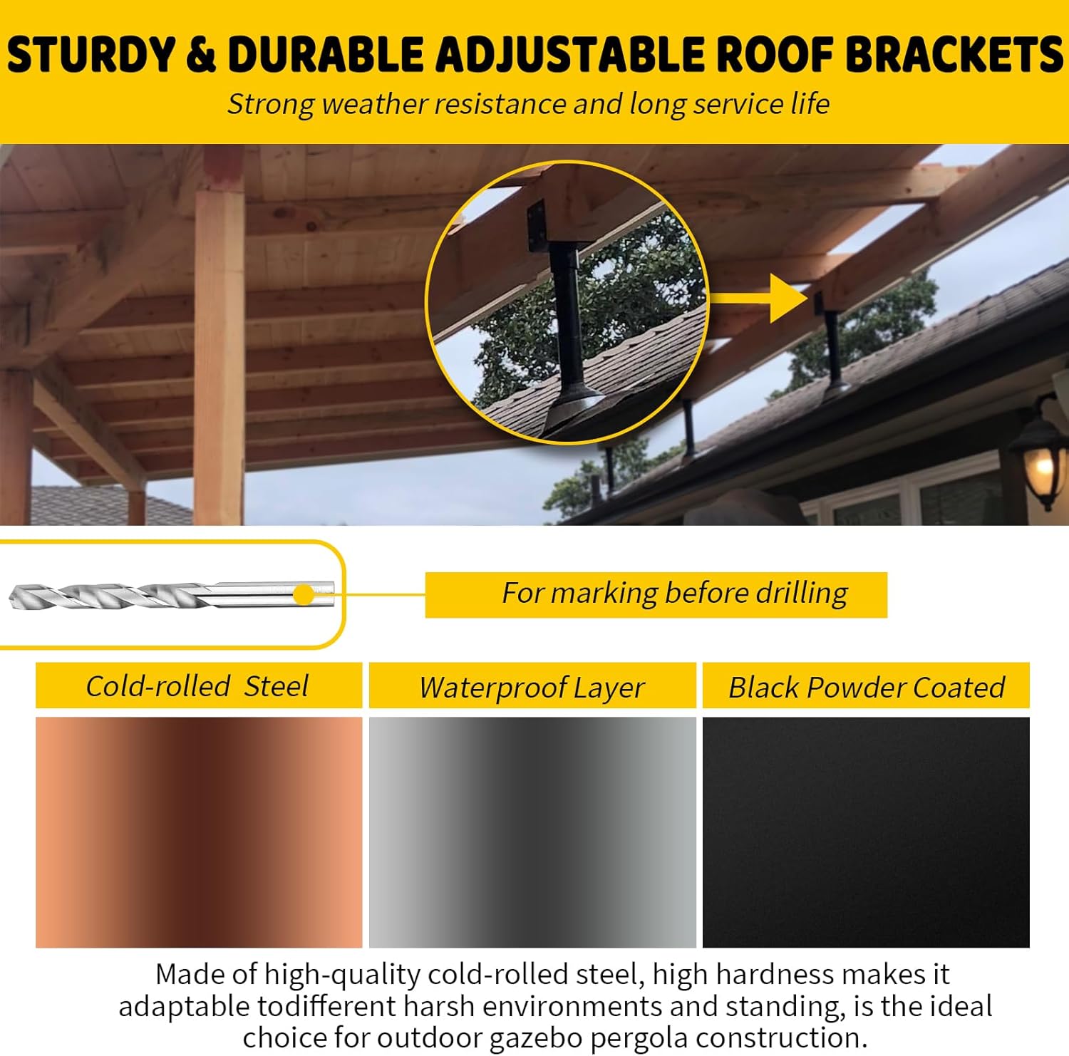 DEVALLEY Roof Riser Brackets kit for Pation Pergola,Adjustable Angle Woodwork Post Brackets for 4x4 4x6 Lumber,Black Heavy Duty Roof Pergola Gazebo Patio Cover W/Hardware - 3Pack