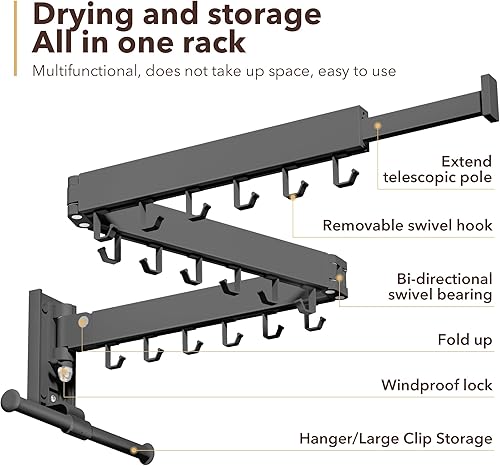 Miniatura 3 de Tendedero de secado de ropa, montaje en pared, estante de ropa montado en la pared, retráctil, plegable (tres pliegues), ropa de tendedero, se puede