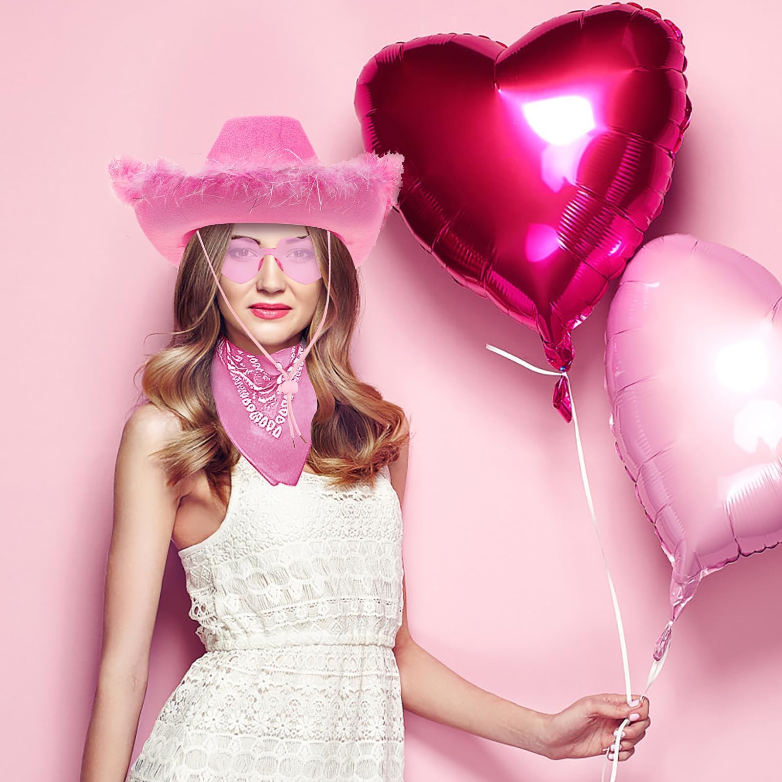 Juego de 24 sombreros de vaquero rosa para mujer, sombreros de vaquera esponjosos con bandana y gafas de sol, sombreros de vaquero para bodas, JGA, fiesta de cumpleaños y accesorios de disfraz