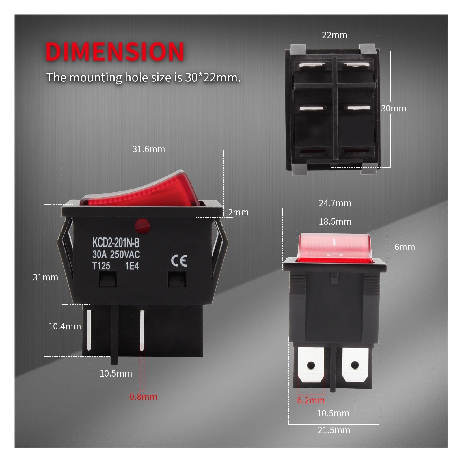 5 Sztuk 30A 250V Heavy Duty KCD4 Przełącznik Kołyskowy ON Off DPST 4-pin Z Czerwonym Światłem 220V Dwupozycyjny T125