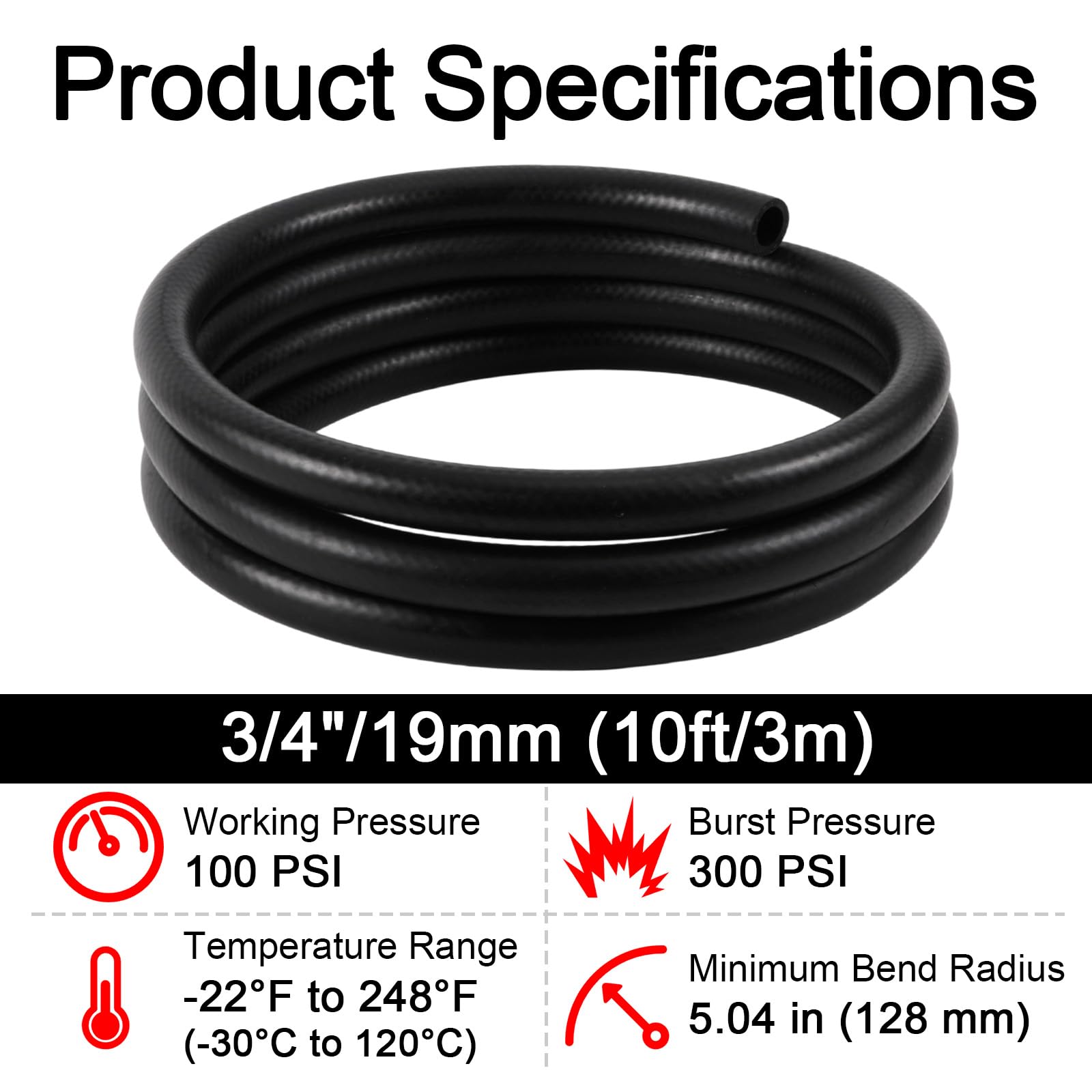Tubo Flessibile per Riscaldamento da 3m 5/8", con 10 Fascette Stringitubo, In Gomma EPDM per Radiatori del Sistema di Raffreddamento Automobilistico e Serbatoio di Troppo Pieno 100 PSI