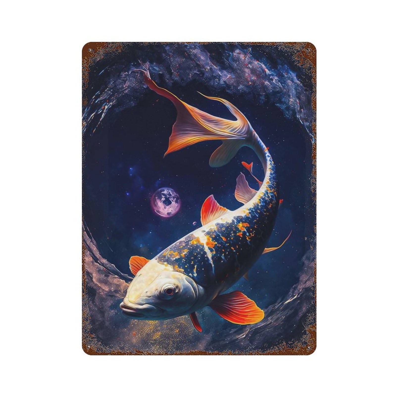 Vintage Metal Tin Sign with Cosmic Koi 2 Design 15.7"x11.8", for Garage, Bar And Workshop Decor, Novelty Wall Decor