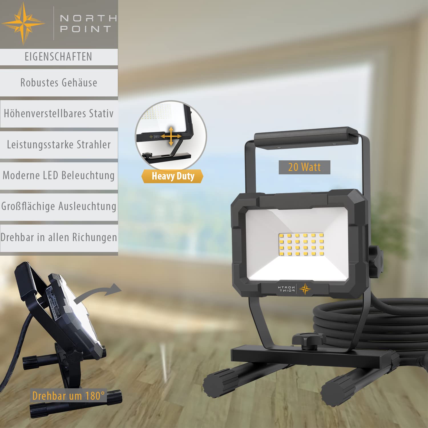 Northpoint LED Blackline Baustrahler Arbeitsstrahler Fluter Flutlicht Spitzwassergeschützt 20 W Leistung 1600 Lumen Lichtstrom integrierter Schalter und 3m Kabel