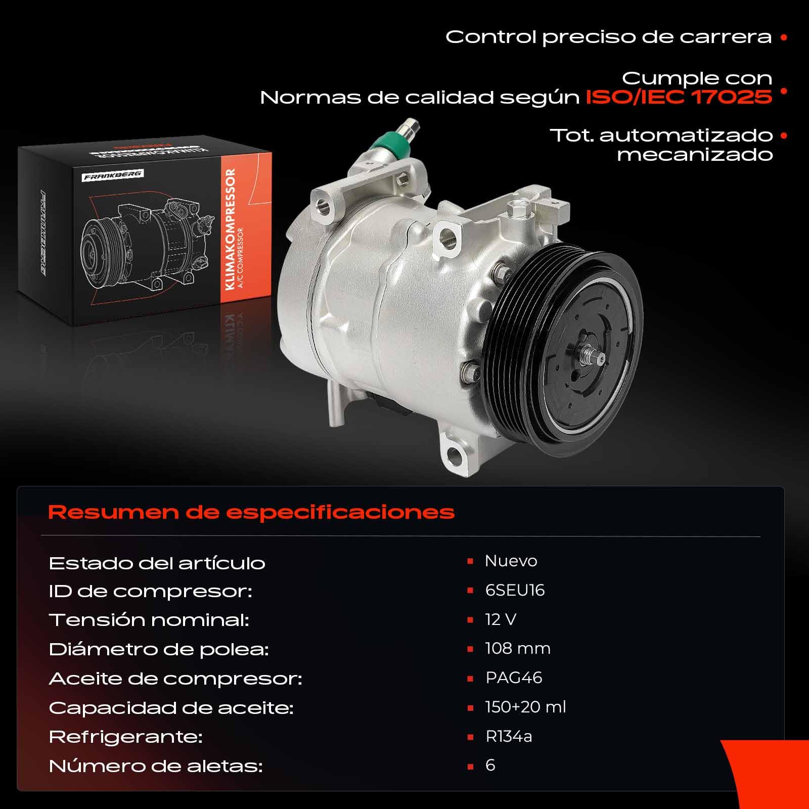 Frankberg Compresor de aire acondicionado con embrague Compatible con C3 Aircross II 2C 2R C4 Cactus Berlingo EC ER 2008 I CU 3008 MPV 0U 5008 0E 0U Replace# 9675655880incl. aceite premezclado