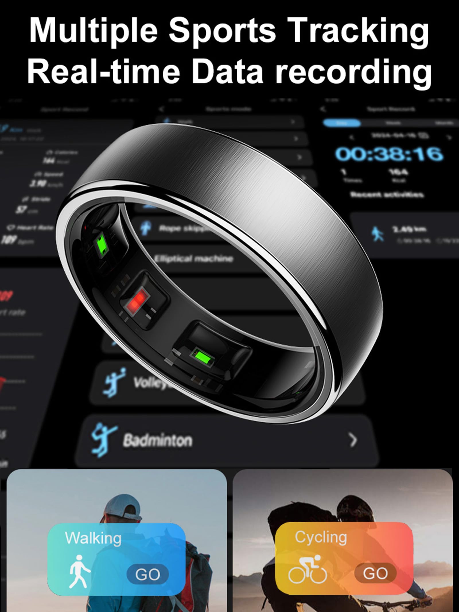 Anello intelligente per fitness, anello per uomo, donna, anello per sonno, frequenza cardiaca, stress, tracker di attività, IP68, impermeabile, controllo gestuale, contapassi, anello fitness Android