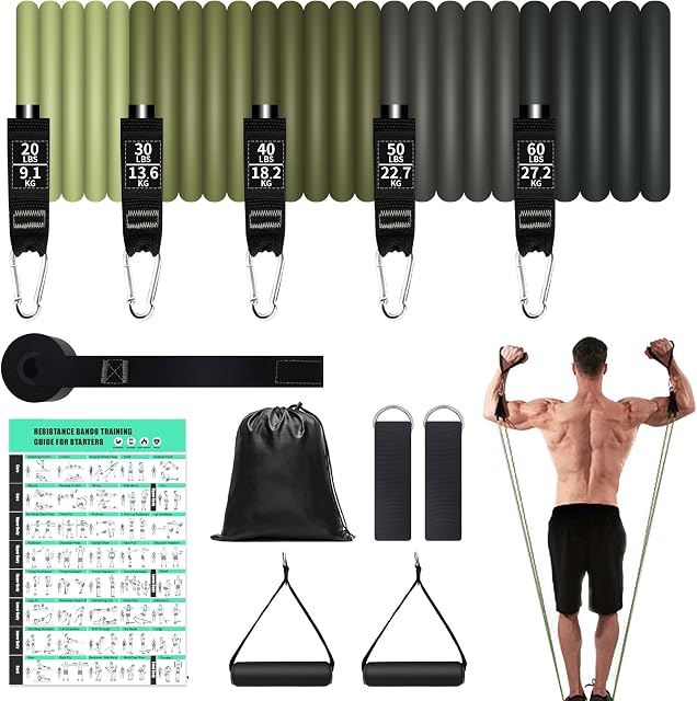 LEBAHAN Resistance Bands Set, 5 Resistance Bands, 2 Handles, 2 Ankle Straps, 1 Door Anchor, 1 Storage Bag, 1 Exercise Guide (English language not guaranteed)
