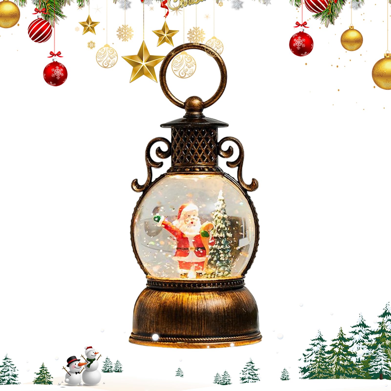 Farol de globo de nieve decorativo con brillo, adorno navideño vintage para el comedor
