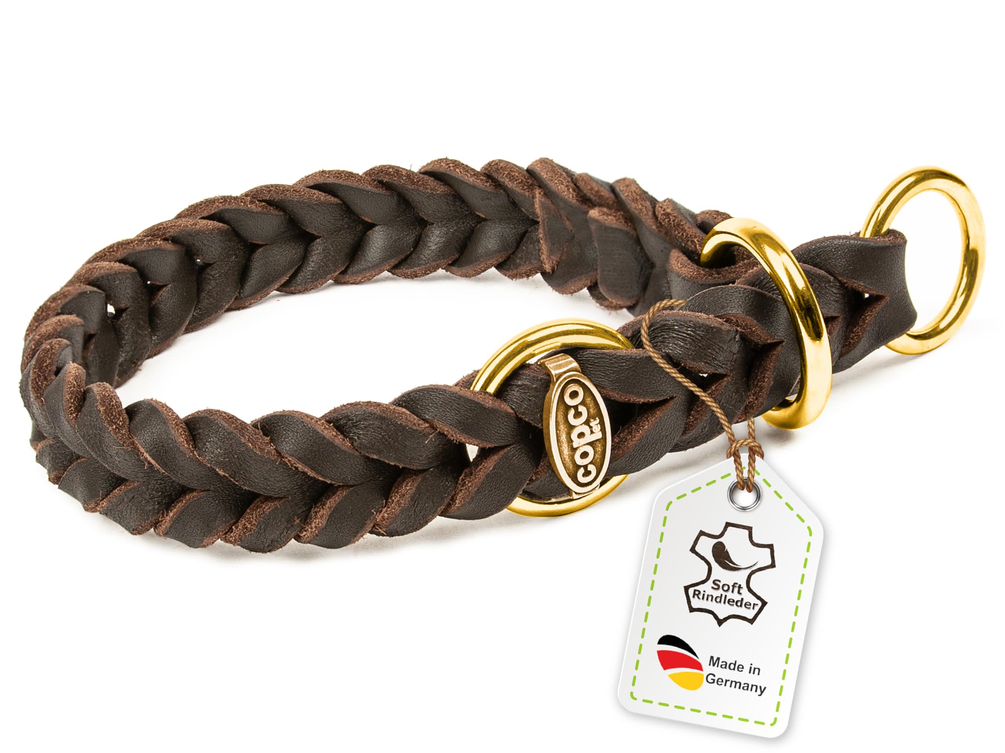 CopcoPet Hundehalsband Würger 55–60 cm x 25mm Braun – Geflochtenes Halsband mit Zugstopp & Messing Ring – Aus robustem Fettleder – Für große Hunde – Weiches Lederhalsband fürs Training