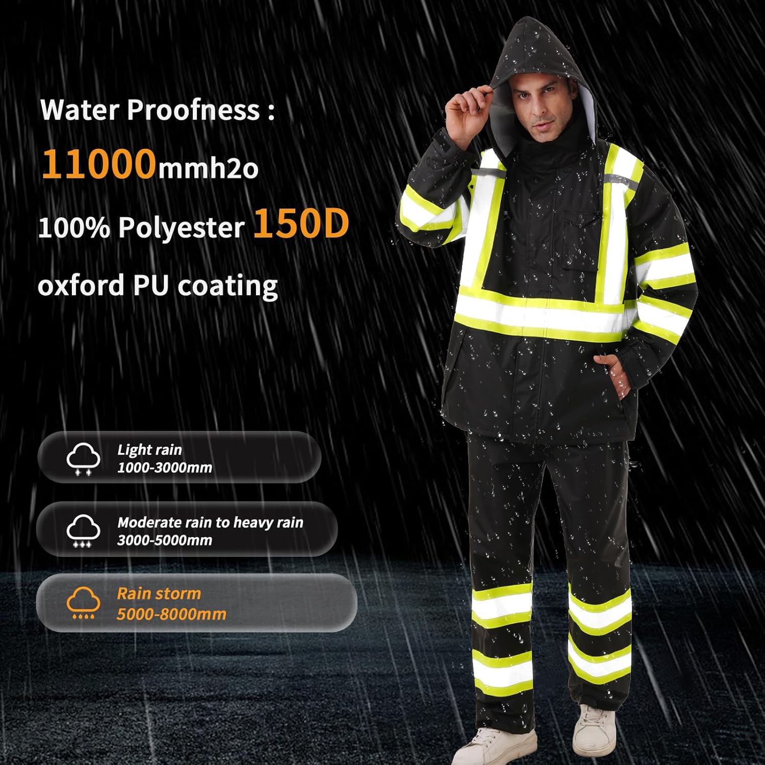 Hi Vis Safety rain Jacket,Reflective Class 3 Rain coat with Inner Mesh Lining and Pockets High Visibility Waterproof work Rain Suits for men&women(Black,LG/XL) - Image 4