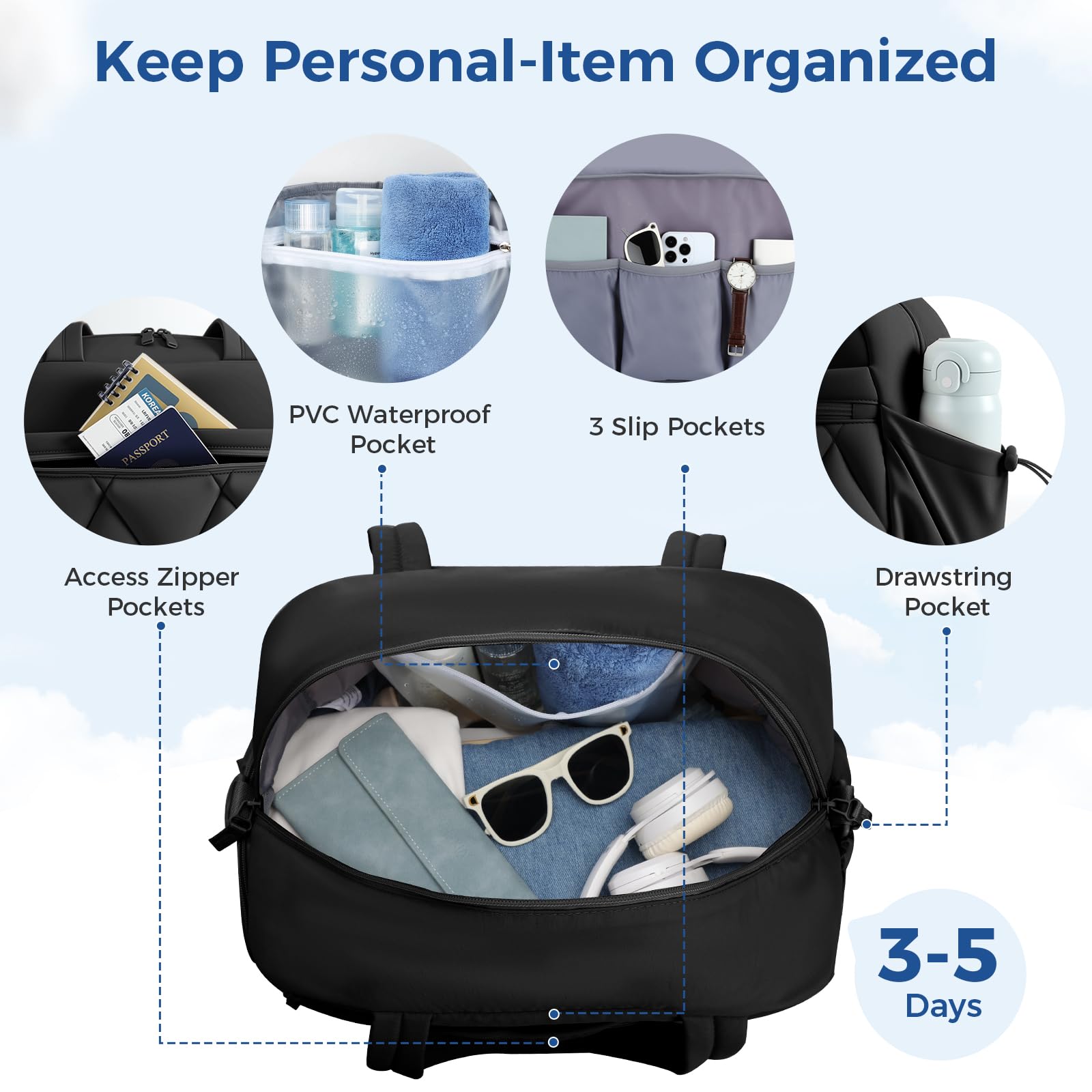 Borsone da Viaggio Puffer per Donna Uomo, Borsa Palestra con Scomparto Scarpe e Borsa Bagnata in PVC, Borsoni Bagaglio a Mano, Borse Tracolla Leggero per Ospedale Weekend Sportiva, Nero