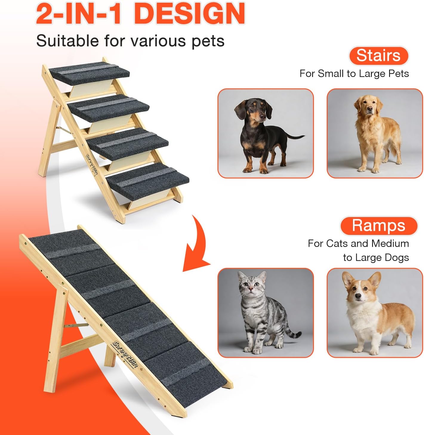 Wooden Dog Stairs& Dog Steps, 2-in-1 Foldable Dog Steps for High Beds, Couch and Cars, Anti-Slip Pet Ramp with 4 Steps Indoor Pet Stairs for Small Medium Large Older Pet Cats up to 150lbs