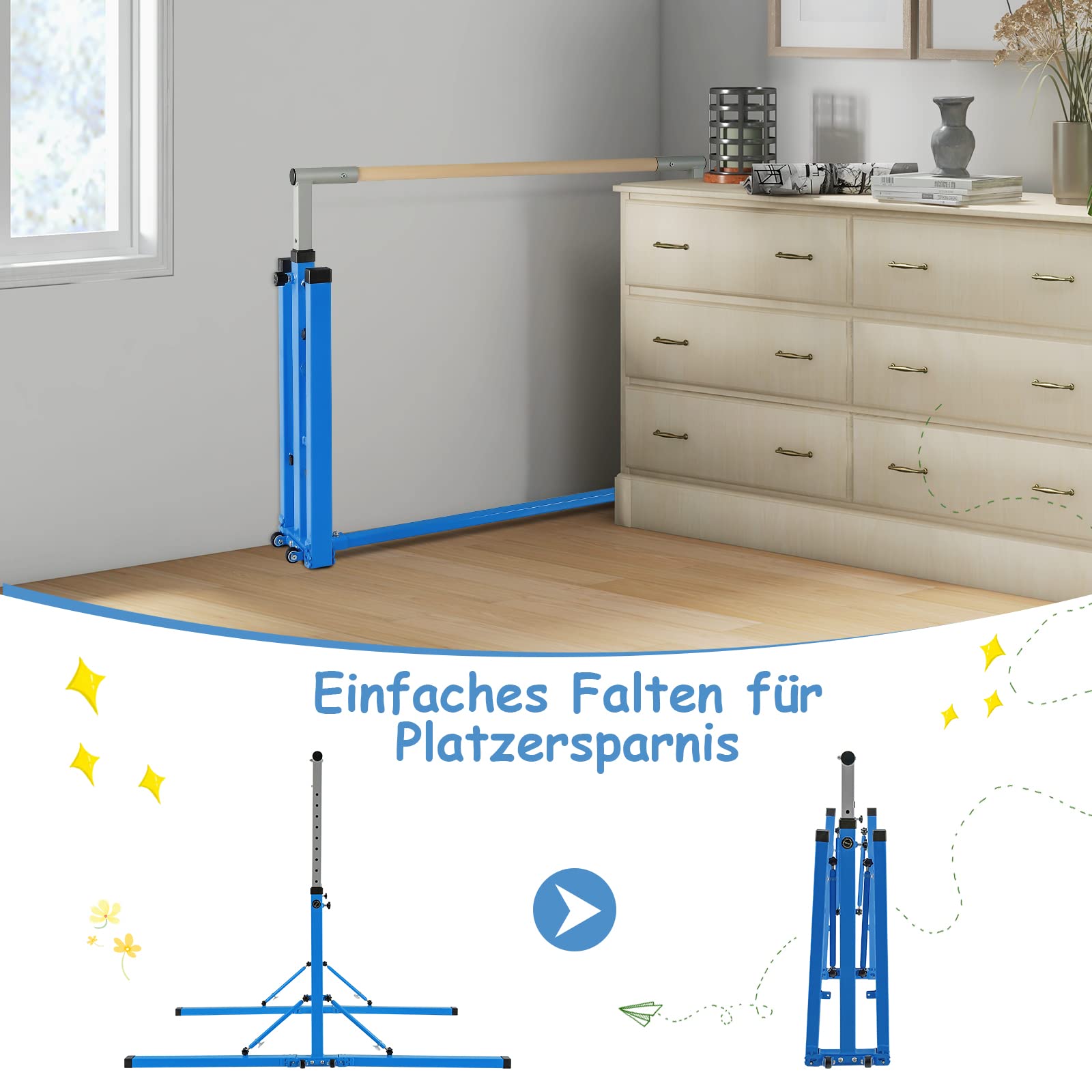 GYMAX Turnstange höhenverstellbar, Faltbare Übungsstange mit Rädern & rutschfeste Fußpolster, Turnreck bis 100 kg belastbar, Gymnastik Turnreck für Innen- & Außenbereich