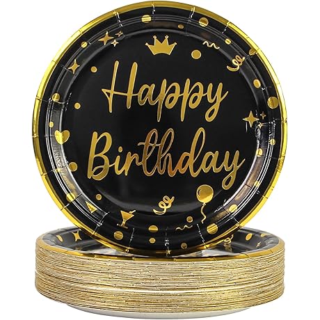 7" Black Gold Disposable Birthday Cake Plates