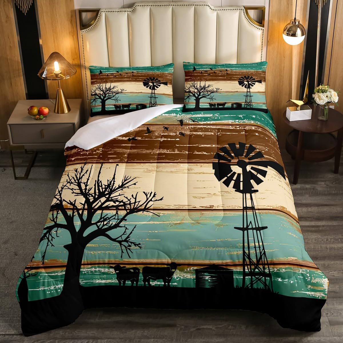 Erosebridal Windmill Decor Farmhouse Bedding Set Farm Animals Quilt,Cattle Milk Cow Comforter Set Lodge Cabin Barn Door Wood Board Duvet Insert King,Retro Country Trees Rustic Home Decor,Green Brown
