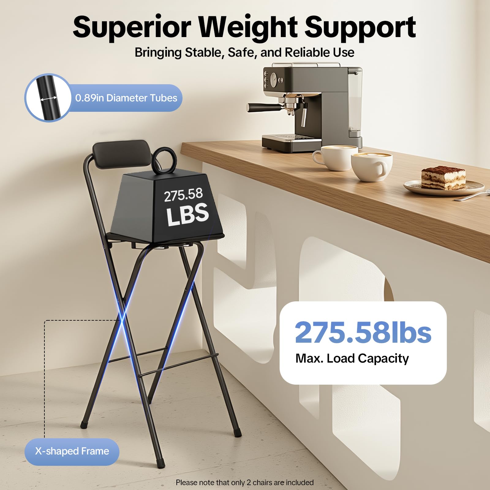 2 taburetes de bar plegables, silla de bar, silla plegable, asiento acolchado, marco de acero, ahorra espacio, plegable, estable, cómodo, cocina, salón, bar, cafetería, balcón, 75 cm, altura