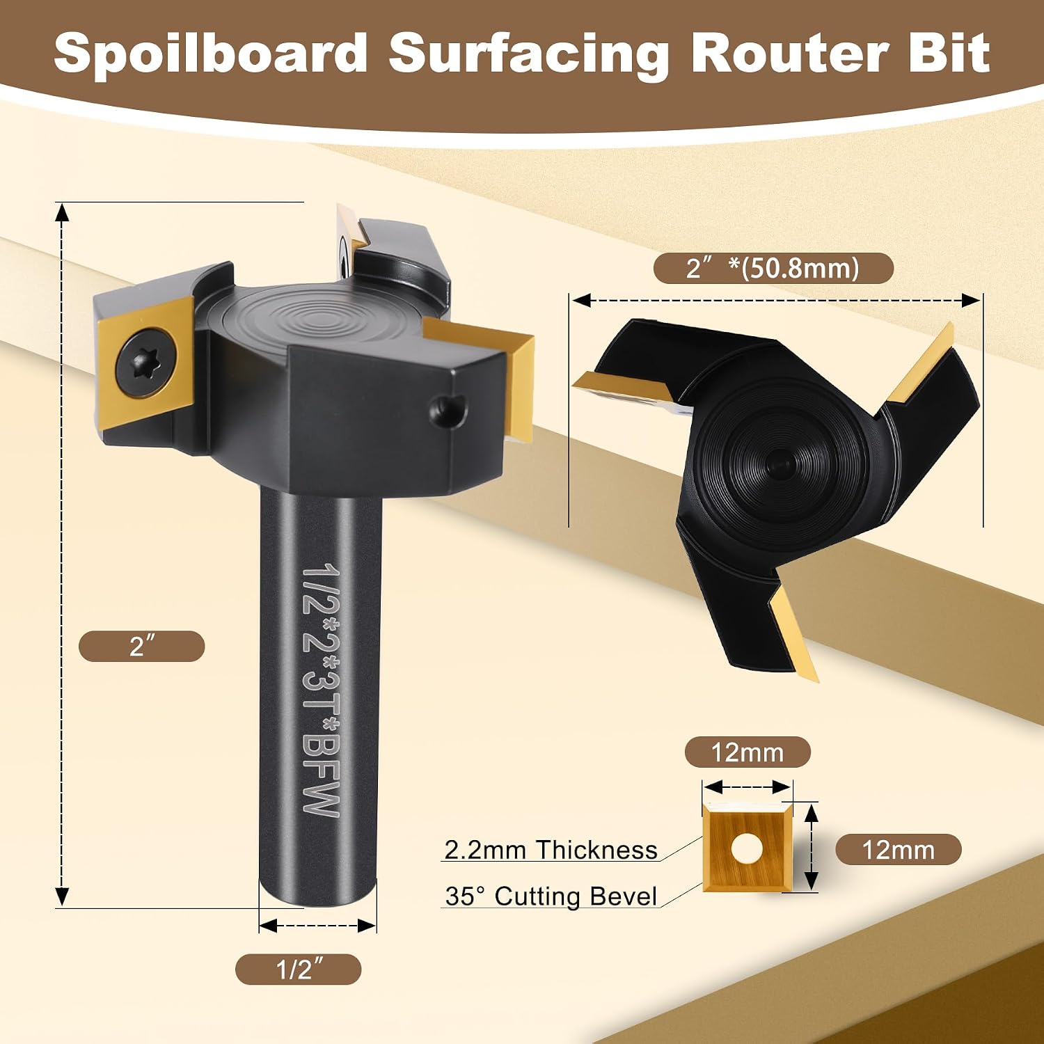 3-Wing Slab Flattening CNC Router Bit 1/2" Shank, 2" Cutting Diameter, Carbide Insert Spoilboard Surfacing Bit with ATS Coating, cuts Soft & Hardwood, MDF, Acrylic for Woodworking