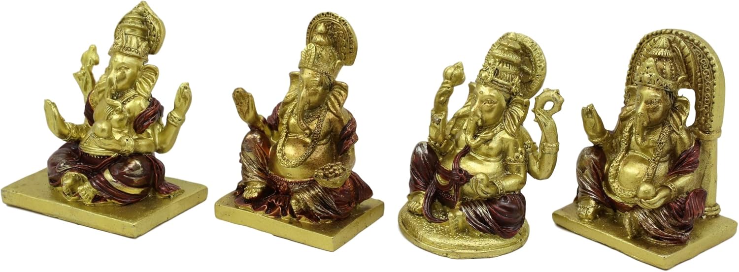 Ebros Set of 4 Celebration of Life and Arts Miniature Golden Lord Ganesha Sitting On Throne Figurines 2.25" Tall Hindu Elephant God Deity Remover of Obstacles Vastu Hinduism Accent Sculptures