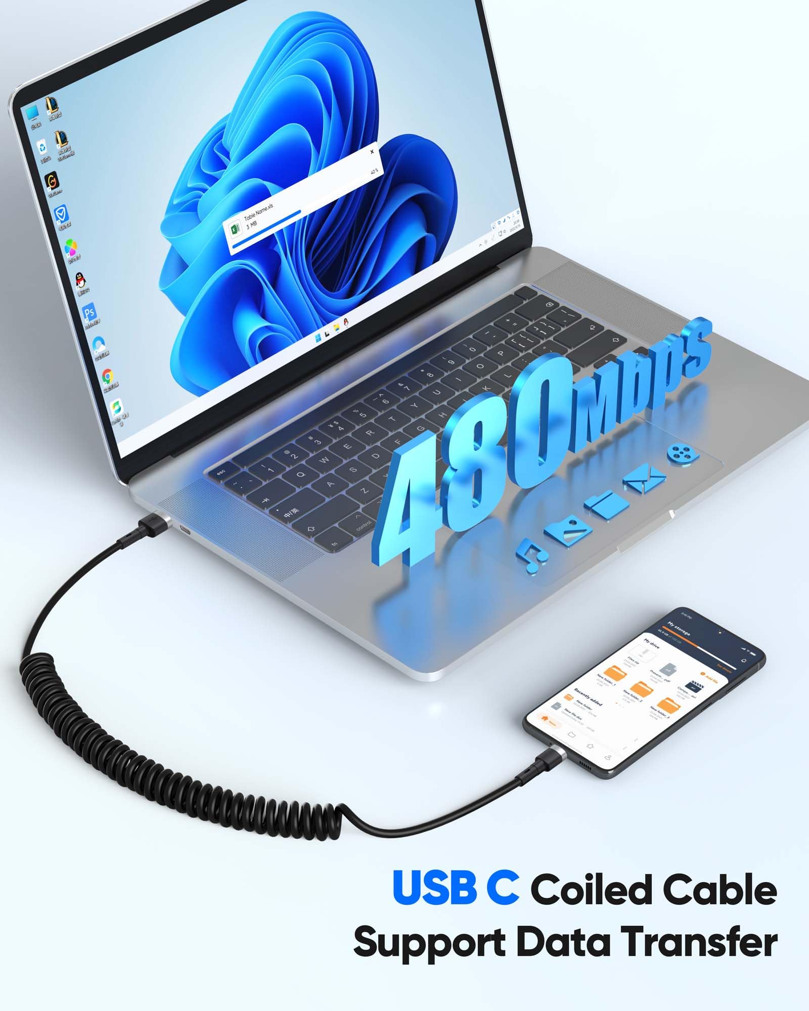 USBA-auf-USBC-Spiralkabel, 1,8 m, mehrfarbig, Kfz-Ladekabel für Handy